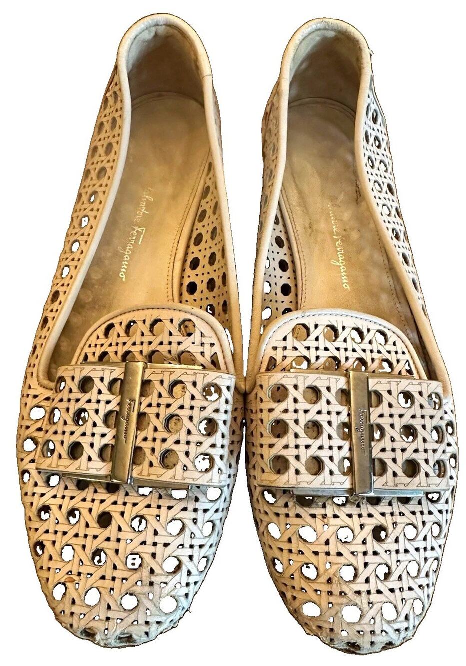 Salvatore Ferragamo Woven Cane Leather Loafers Off White Cream Gancini 5B Italy
